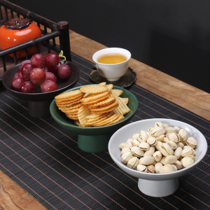 陶瓷高脚茶点盘功夫茶具茶道日式水果碟粗陶瓜子点心零食复古托盘