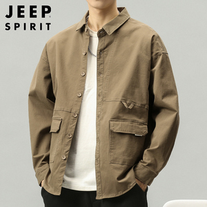 Jeep吉普男士长袖衬衫春季外穿宽松多口袋上衣工装纯棉衬衣外套男