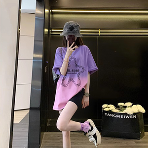 潮牌1212紫色短袖t恤女宽松纯棉欧货大版设计感小众洋气体恤衫潮