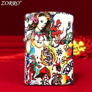 包邮zorro佐罗个性黄铜彩绘美女与小丑翻盖防风砂轮煤油打火机