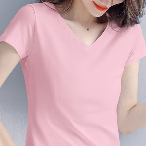 v领粉色t恤女夏季2022年新款修身纯棉漏锁骨紧身鸡心领短袖上衣服