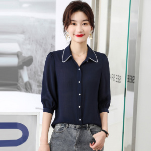 藏青色雪纺衬衫女2022夏季新款时尚气质休闲薄款七分袖女士白衬衣