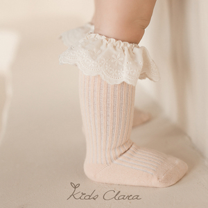 KIDSCLARA韩国女宝宝中筒袜春季浅粉色棉蕾丝花边婴儿袜子长筒袜