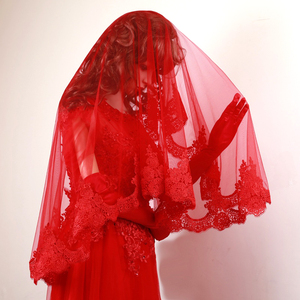 红盖头新娘红色头纱中式秀禾古风新款半透明蕾丝结婚红纱出嫁接亲