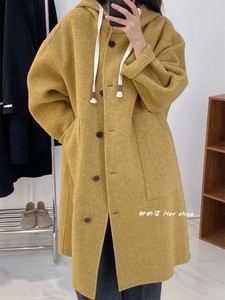 宽松休闲减龄连帽双面毛呢外套女韩系学院风廓形姜黄色羊绒大衣