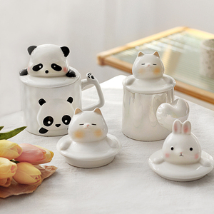 ins奶fufu猫兔子陶瓷防尘马克杯杯盖釉下彩罐子茶壶可爱盖子配件