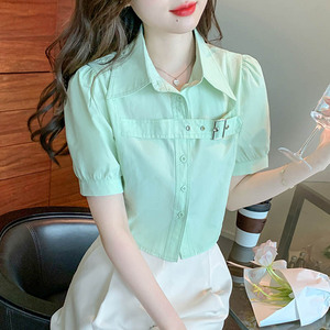 泡泡袖卡扣短款衬衫女设计感小众别致上衣夏季新款减龄百搭衬衣潮