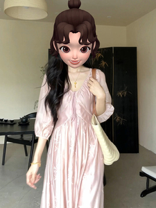 新中式女装中国风清冷感穿搭改良版旗袍粉色v领连衣裙子夏季长裙