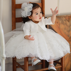 简约花童晚礼服女宝宝周岁公主裙两件套连衣裙日常秋长袖儿童婚纱