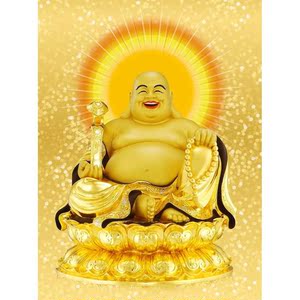 大小款 弥勒佛像笑佛天冠弥勒佛财进宝佛像画像挂像贴画 可带框