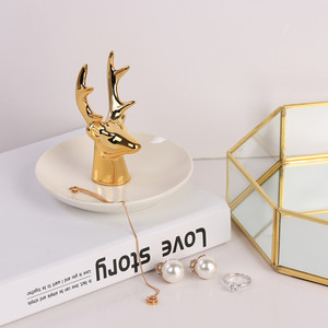 北欧风陶瓷首饰展示架托盘金色鹿头收纳盘拍摄道具卧室小饰品摆件
