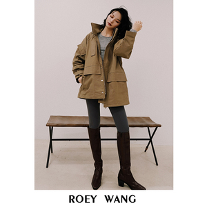 ROEY WANG  卡其色风衣女短款矮个子韩版宽松带帽外套秋秋英伦风