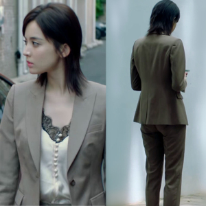 风暴舞古力娜扎周子萱同款衣服咖色修身通勤西服v领蕾丝上衣套装