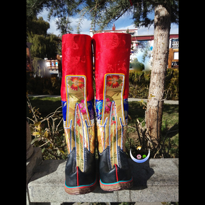 藏族工艺松巴牦牛皮藏靴 南亚绸布梯呢玛 牛皮男款藏戏靴