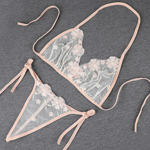 性感内衣文胸丁字裤套装刺绣薄纱三角杯透明两件套情趣内衣大码
