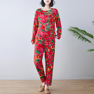 东北大花布衣服春秋长袖棉绸布料睡衣女民族风套装宽松洋气两件套