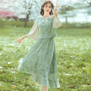 民国风女装小洋装名媛高端倒大袖上衣两件套小清新少女旗袍连衣裙