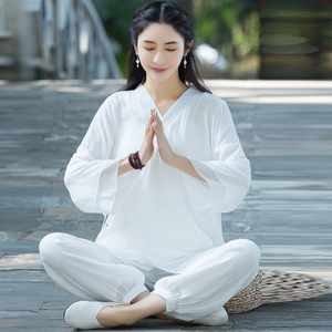 素衣女佛系禅服改良太极服中国风汉服女装唐装套装棉麻禅意茶服