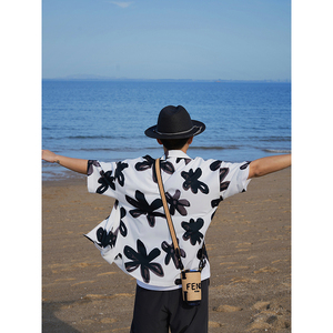 Cookawu2024夏季黑白水墨色印花宽松休闲抖垂冰感古巴领短袖衬衫
