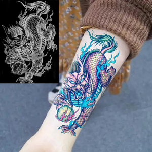火麒麟彩色纹身贴防水男胸部持久祥云半甲大图案花臂花腿彩绘贴纸