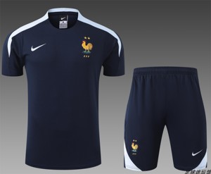 2024法国深蓝色赛前热身训练服球衣10号姆巴佩运动短袖足球服套装