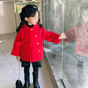 女童毛呢外套2021秋冬新款小女孩新年外套红色甜美蝴蝶结呢大衣潮
