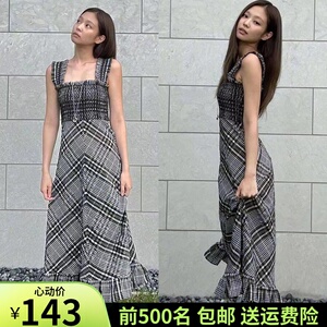明星金智妮jennie同款格子吊带连衣裙女夏无袖背带中长款显瘦裙子