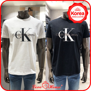 韩国正品代购CK JEANS男22款纯棉圆领交叠刺绣LOGO短袖T恤J320770