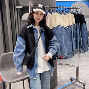 牛仔拼接外套女假两件毛衣开衫宽松针织上衣春装2022年新款欧洲站