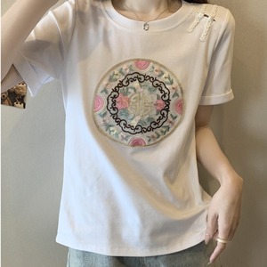 大码女装夏季中国风复古甜美圆领盘扣时尚少女感休闲短袖T恤L-4XL