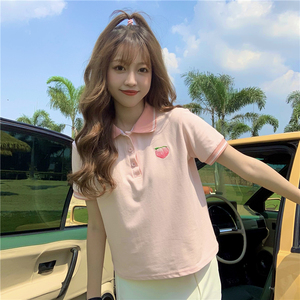 水蜜桃绣花polo衫女夏季2021年新款学院风可爱短袖t恤别致上衣服