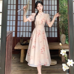 大码新中式改良旗袍短袖连衣裙女夏季国风设计感收腰显瘦A字长裙