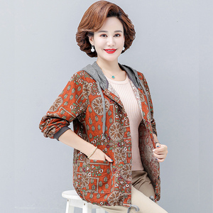 妈妈短款棉麻外套中年妇女春秋单层薄款上衣中老年女休闲连帽夹克