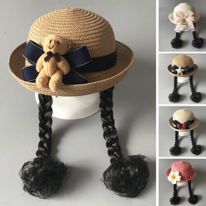 韩版儿童婴儿草帽假发帽宝宝亲子女童防晒遮阳可折叠夏天沙滩帽潮