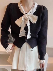 2024秋冬新款女法式蕾丝系带针织开衫泡泡袖显瘦时髦外搭毛衣外套