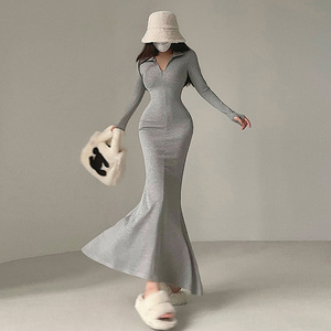 纯欲风辣妹性感紧身包臀鱼尾裙长袖翻领长裙收腰显瘦连衣裙女秋季