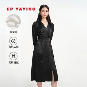 ep yaying雅莹女装 新中式桑蚕丝v领收腰连衣裙2022秋装雅莹旗舰店