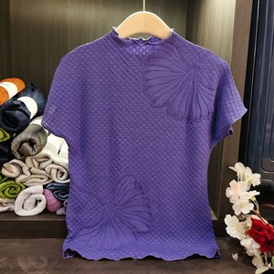紫色短袖T恤女夏款薄款设计感小众压花褶皱重工刺绣立领体恤上衣
