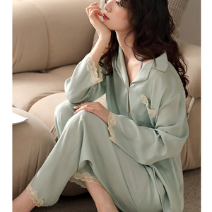 曼妮芬真丝睡衣女夏冰丝薄款开衫短袖长裤夏天女式家居服两件套