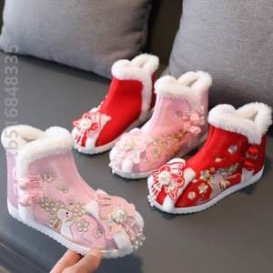 女童鞋子冬季风女童古装棉靴中国红色儿童唐装拜年鞋子!绣鞋汉服