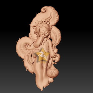 新款小狐狸精雕图浮雕图美女仙女九尾狐(496rw)玉雕图精雕图灰度