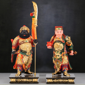 香樟木雕古彩周仓关平家用室内供具关公佛像左右护法礼佛神像摆件