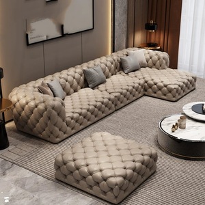 美式轻奢风简约真皮拉扣转角L型沙发设计师意式客厅组合2024新款