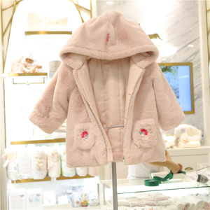 打折款ettoi小飞马韩国童装代购冬季女宝连帽刺绣保暖仿皮草外套