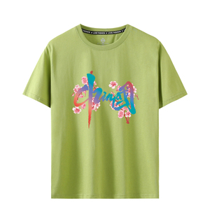 情侣装夏季短袖国潮风樱花图案男女宽松纯棉t恤中国风加大码半袖