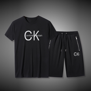 夏季新款CK高档冰丝棉短袖T恤男短裤男士五分裤时尚休闲运动套装