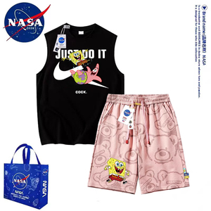 NASA联名海绵宝宝套装男无袖背心T恤篮球运动休闲短裤情侣沙滩裤
