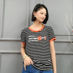 雅姿赏色2022珊瑚花女装短袖纯棉条纹印花女休闲宽松大码原创设计