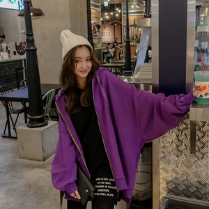 港风卫衣外套女2020春秋装新款宽松bf拉链连帽运动开衫学生紫色款