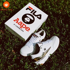 fila aape联名 斐乐t1猿人头复古迷彩白色皮革休闲运动板鞋小白鞋